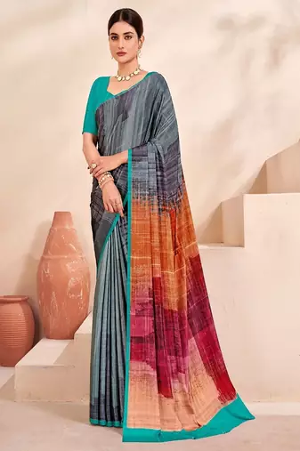 grey multicolour printed faux crepe saree