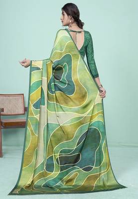 green & olive abstract printed faux crepe saree 2
