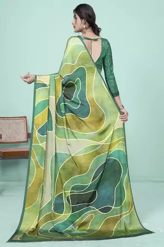 green & olive abstract printed faux crepe saree