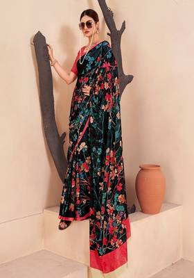 black multicolor floral printed faux crepe saree 2