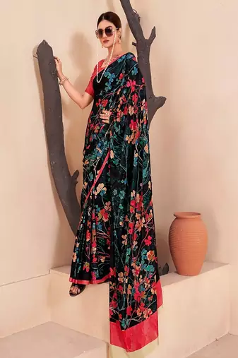 black multicolor floral printed faux crepe saree