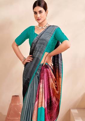 grey multicolour printed faux crepe saree 2