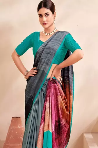 grey multicolour printed faux crepe saree
