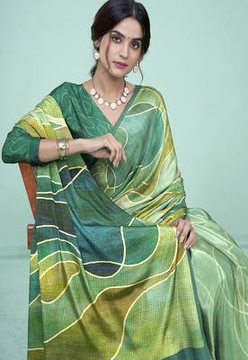 green & olive abstract printed faux crepe saree 3