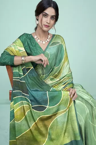 green & olive abstract printed faux crepe saree