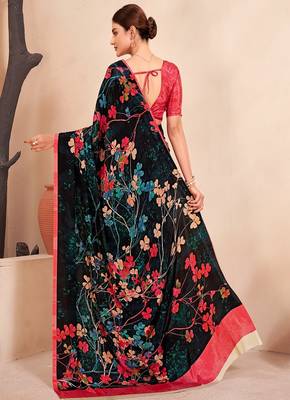 black multicolor floral printed faux crepe saree 3