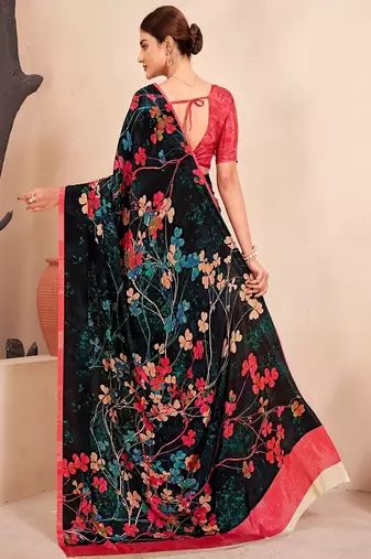 black multicolor floral printed faux crepe saree