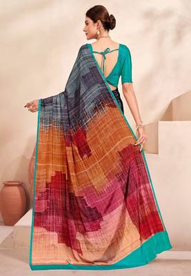 grey multicolour printed faux crepe saree 3