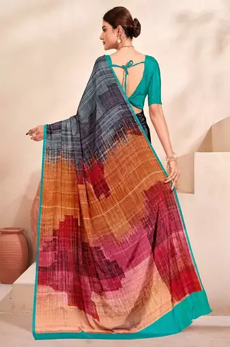 grey multicolour printed faux crepe saree