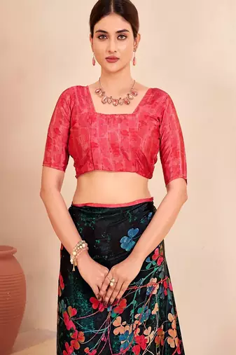 black multicolor floral printed faux crepe saree