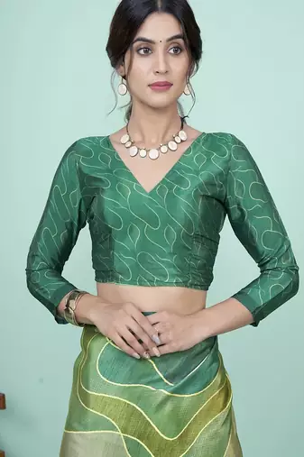 green & olive abstract printed faux crepe saree