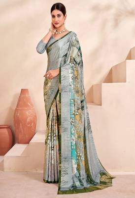 grey floral printed faux crepe saree 1
