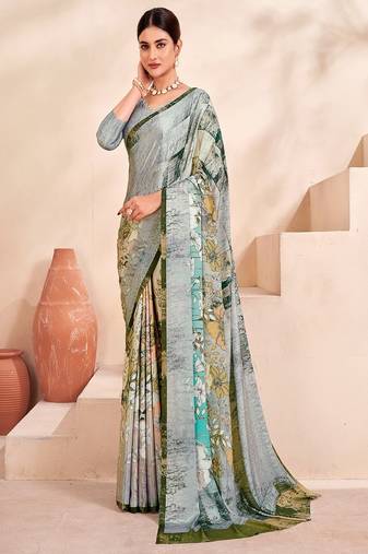 grey floral printed faux crepe saree