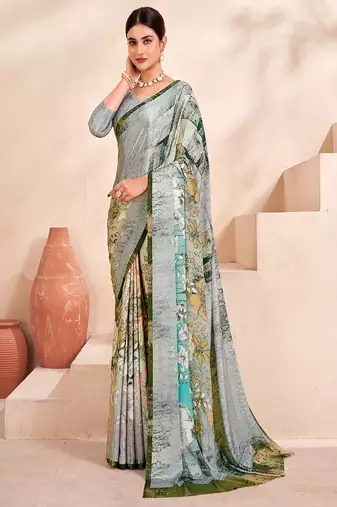 grey floral printed faux crepe saree