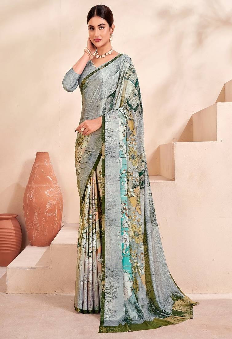 Grey or premium printed saree with blouse
