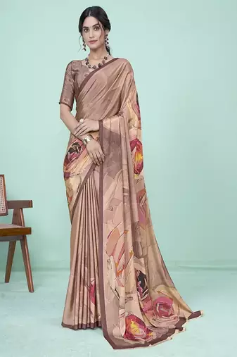 multicolor floral printed faux crepe saree
