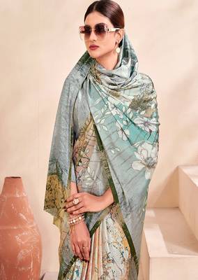 grey floral printed faux crepe saree 2