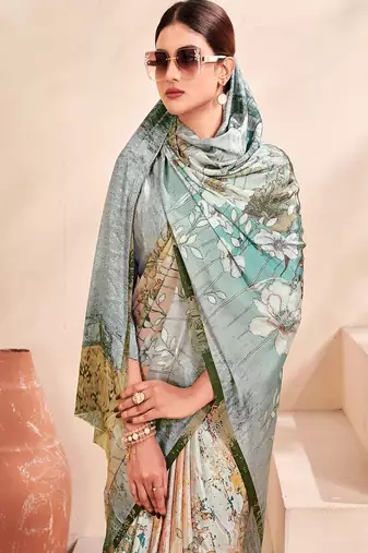grey floral printed faux crepe saree