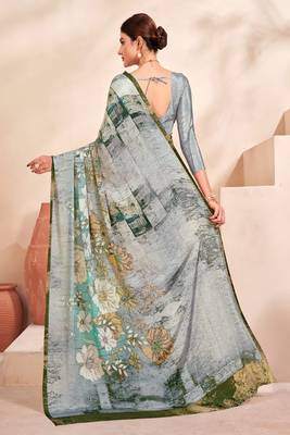 grey floral printed faux crepe saree 3