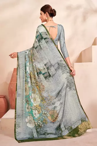 grey floral printed faux crepe saree