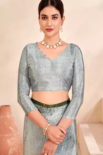 grey floral printed faux crepe saree