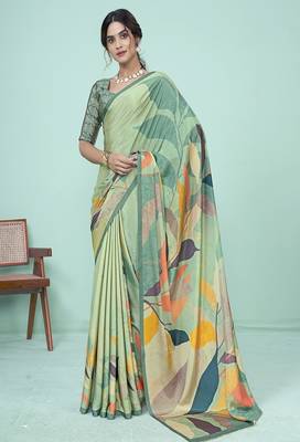 multicolor floral printed saree in soft green tones 1