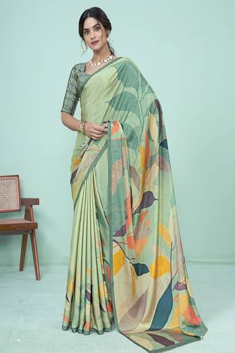 multicolor floral printed saree in soft green tones