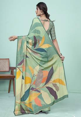 multicolor floral printed saree in soft green tones 2
