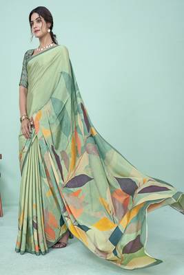 multicolor floral printed saree in soft green tones 3