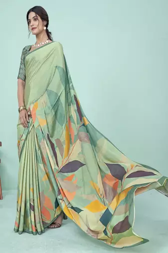 multicolor floral printed saree in soft green tones