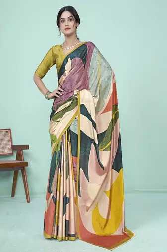 multicolor abstract printed faux crepe saree with blouse