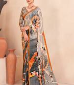grey & orange abstract printed faux crepe saree