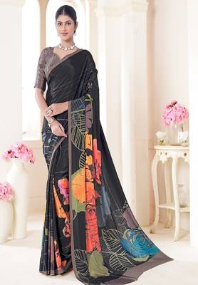 black floral printed faux crepe saree 1