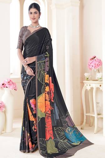 black floral printed faux crepe saree