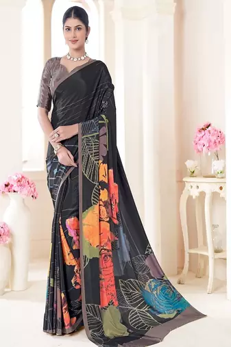 black floral printed faux crepe saree