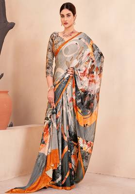 grey & orange abstract printed faux crepe saree 2