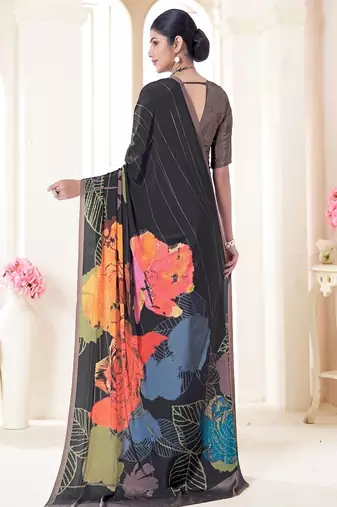 black floral printed faux crepe saree