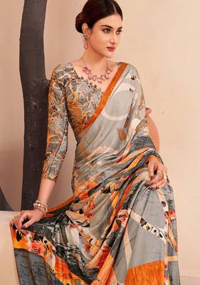 grey & orange abstract printed faux crepe saree 3
