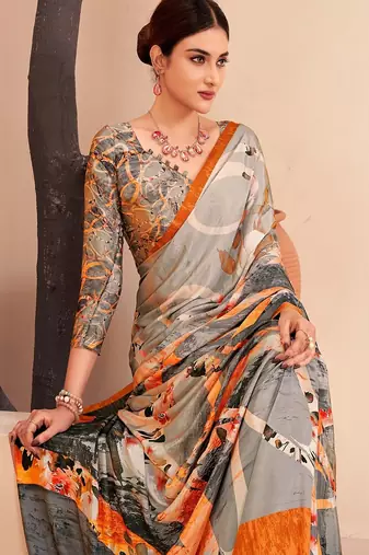 grey & orange abstract printed faux crepe saree