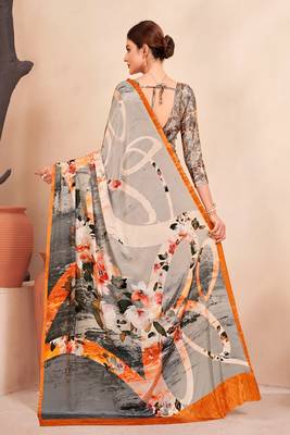 grey & orange abstract printed faux crepe saree 4