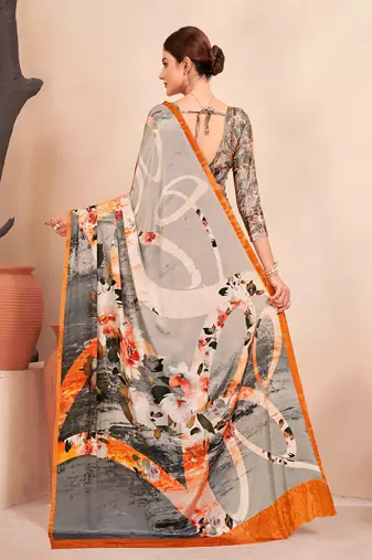 grey & orange abstract printed faux crepe saree