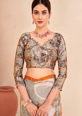 grey & orange abstract printed faux crepe saree 5