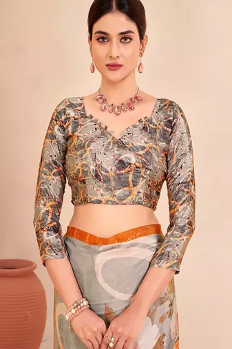 grey & orange abstract printed faux crepe saree