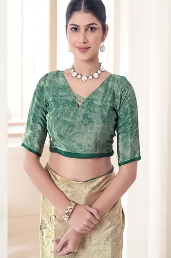 darka green printed crepe saree with blouse