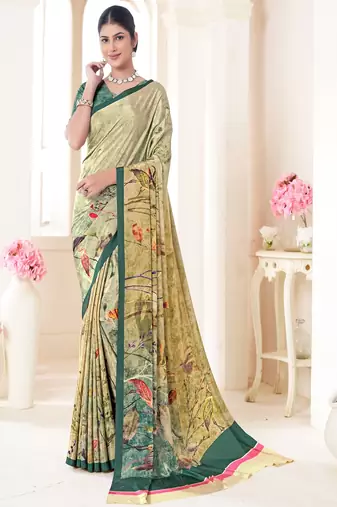 darka green printed crepe saree with blouse