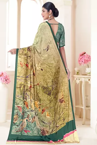 darka green printed crepe saree with blouse