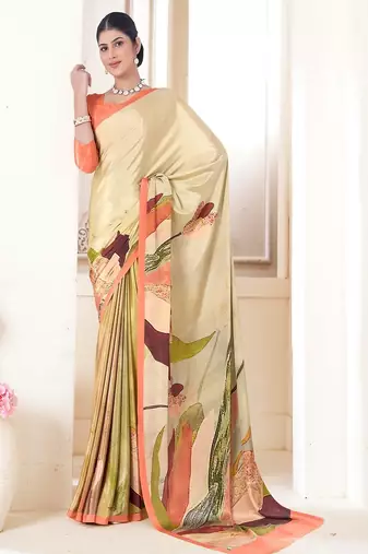 orange multicolor premium printed crepe saree with blouse