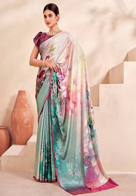 pastel multicolour floral printed faux crepe saree 1