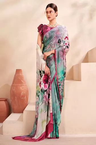 pastel multicolour floral printed faux crepe saree
