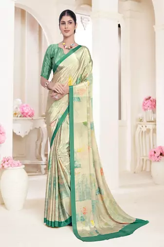 elegant multicolor premium printed green crepe saree with blouse